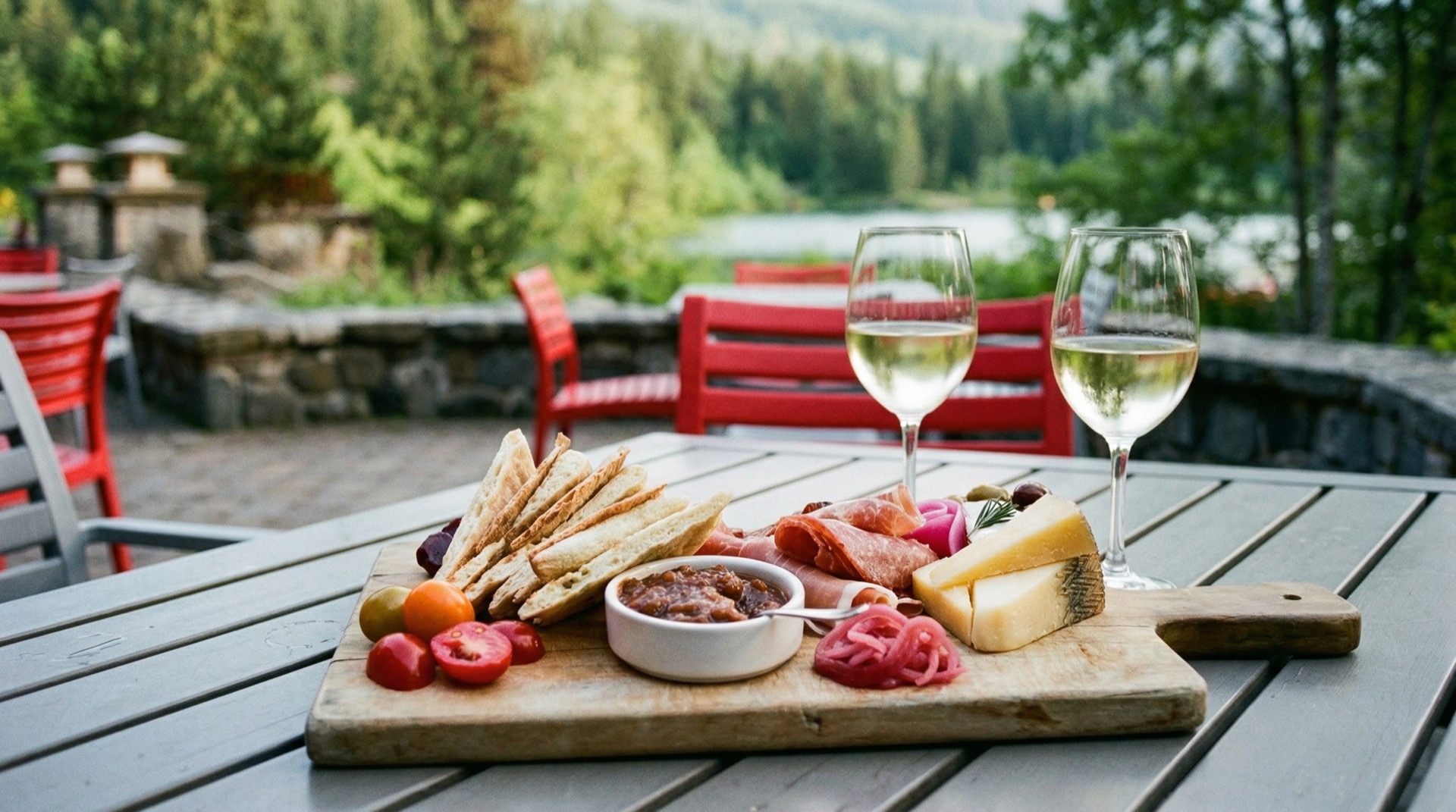 Charcuterie and wine on the patio at Nita Lake Lodge
