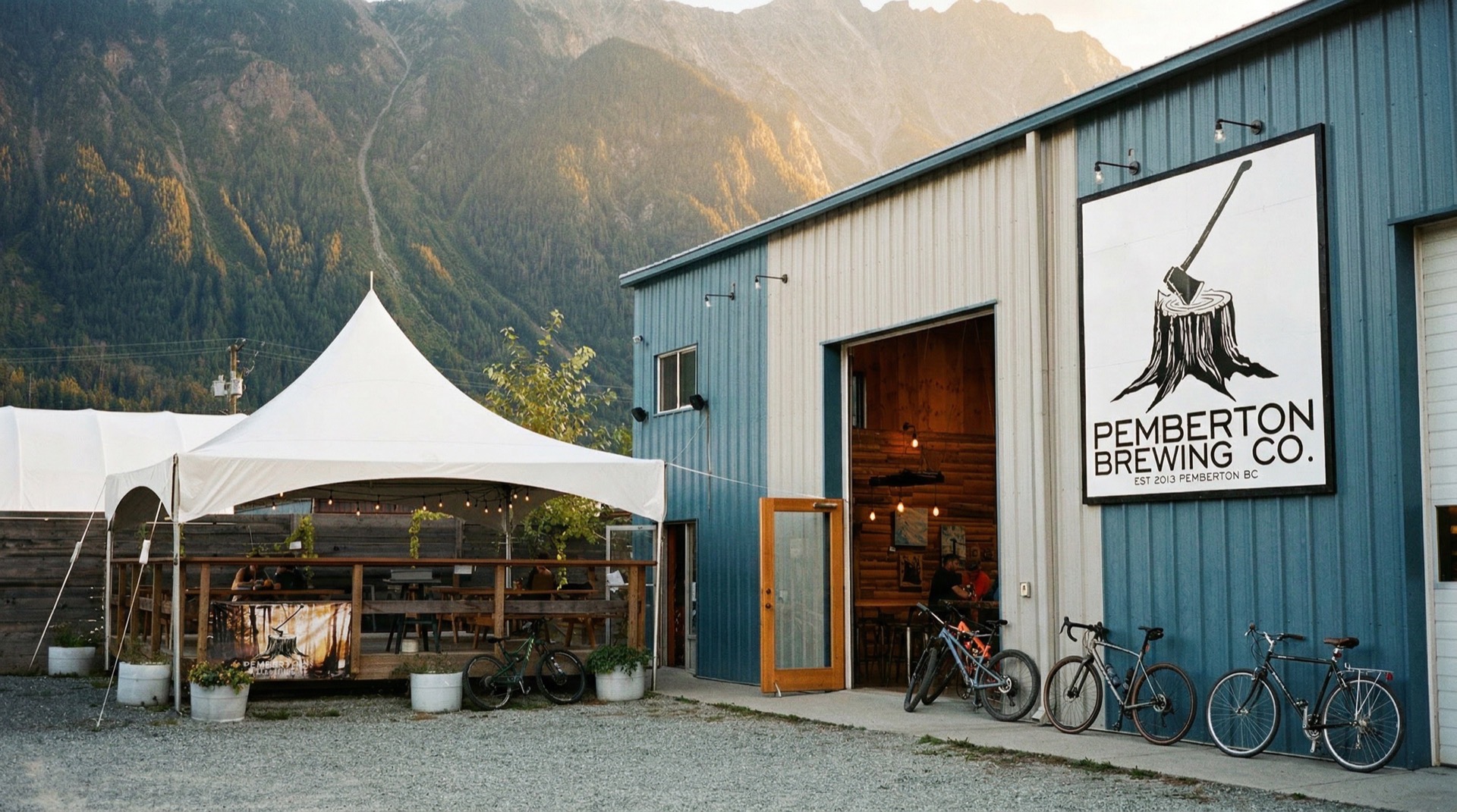 Pemberton Brewing Co. exterior with mountains