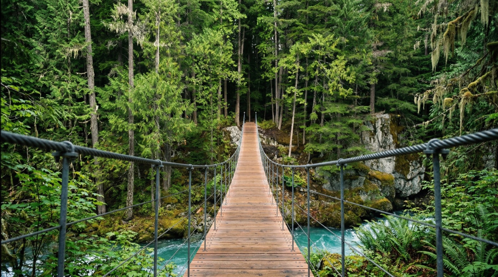 Suspension bridge over turquoise river on the Train Wreck trail